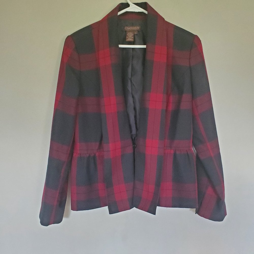 Chadwick's Shawl collar Blazer red black plaid 12
